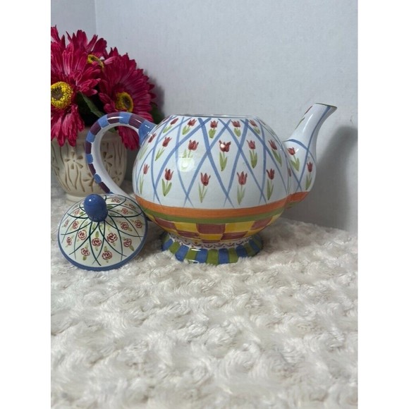 Lillian Vernon Ceramic Teapot Lidded Colorfur Hand Painted Floral Decorative - Picture 1 of 6